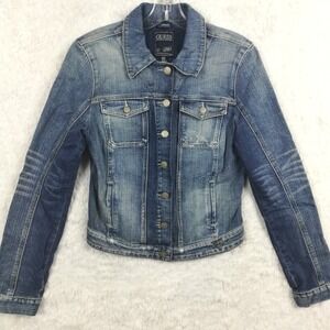 VTG Guess Womens Denim Jacket Blue Jean‎ Whiskering Distressed Crop Stone Wash M